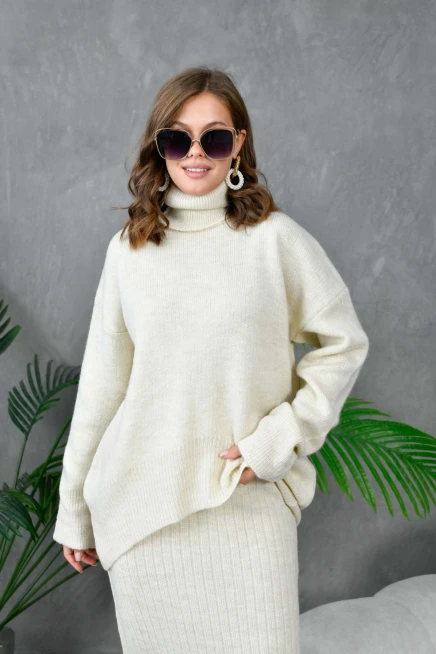 Kadın Balıkçı Yaka Oversize Kazak Uzun Etek İkili Triko Takım