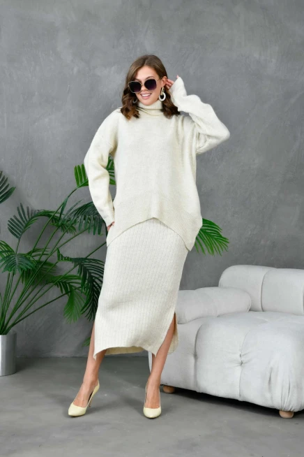 Kadın Balıkçı Yaka Oversize Kazak Uzun Etek İkili Triko Takım