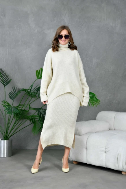 Kadın Balıkçı Yaka Oversize Kazak Uzun Etek İkili Triko Takım