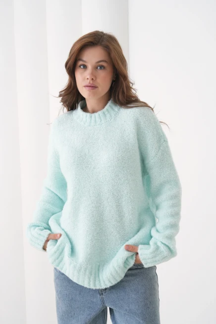 Kadın Bisiklet Bürümcük Yaka Yumuşak Dokulu Oversize Triko Kazak