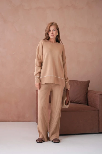 Kadın Bisiklet Yak Adüşük Kol Kazak Fitilli Pantolon İkili Triko Takım