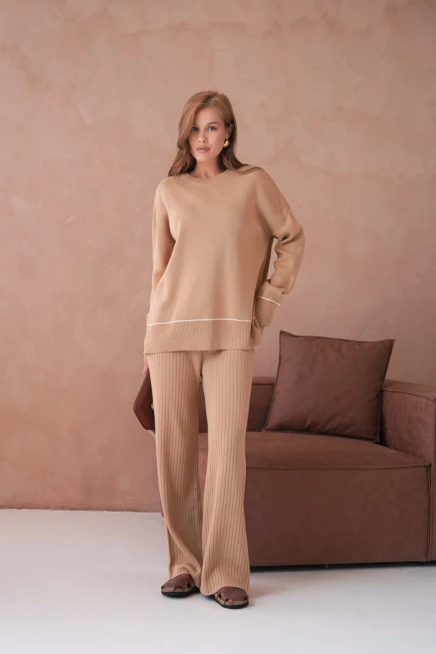 Kadın Bisiklet Yak Adüşük Kol Kazak Fitilli Pantolon İkili Triko Takım