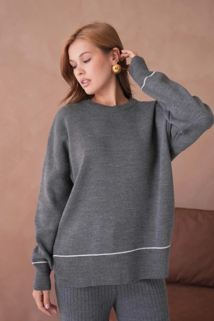 Kadın Bisiklet Yak Adüşük Kol Kazak Fitilli Pantolon İkili Triko Takım