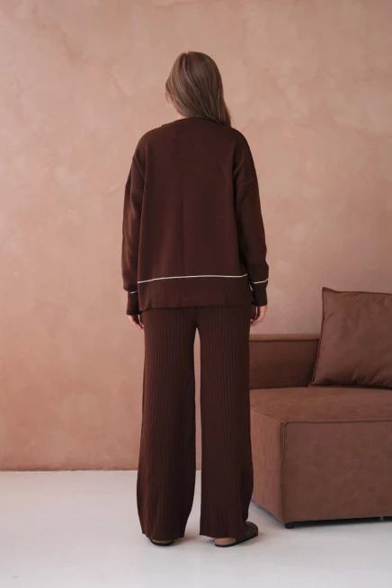 Kadın Bisiklet Yak Adüşük Kol Kazak Fitilli Pantolon İkili Triko Takım