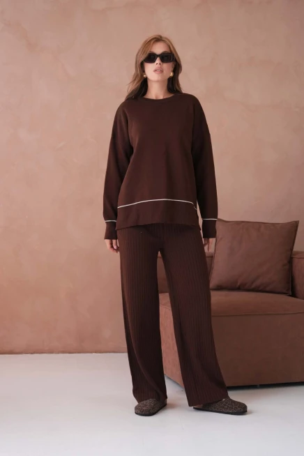 Kadın Bisiklet Yak Adüşük Kol Kazak Fitilli Pantolon İkili Triko Takım