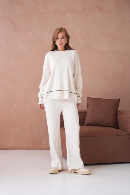 Kadın Bisiklet Yak Adüşük Kol Kazak Fitilli Pantolon İkili Triko Takım