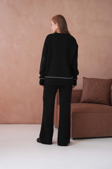 Kadın Bisiklet Yak Adüşük Kol Kazak Fitilli Pantolon İkili Triko Takım