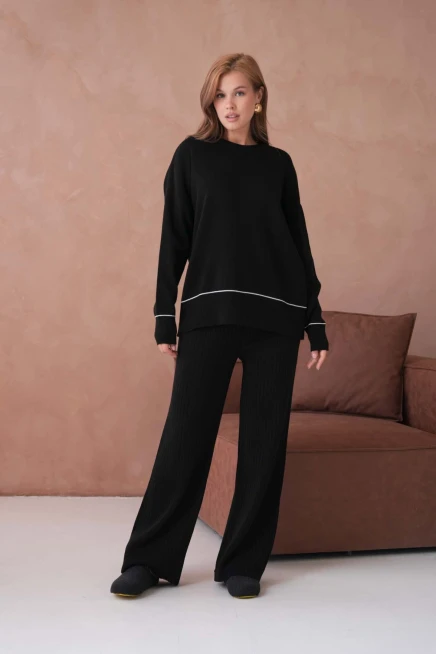 Kadın Bisiklet Yak Adüşük Kol Kazak Fitilli Pantolon İkili Triko Takım