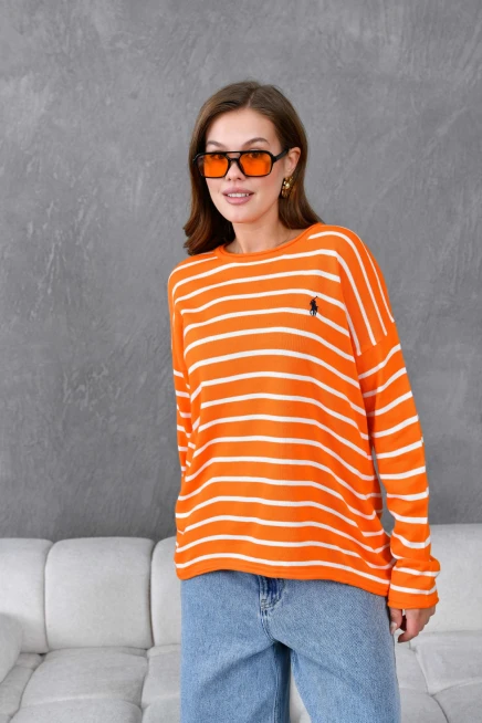 Kadın Bisiklet Yaka Çizgili Nakış Detay Oversize Triko Kazak