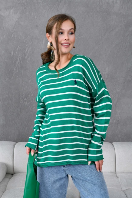 Kadın Bisiklet Yaka Çizgili Nakış Detay Oversize Triko Kazak