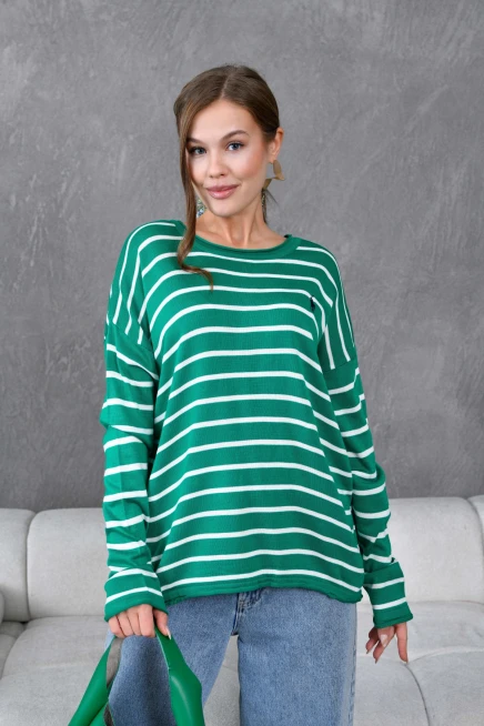 Kadın Bisiklet Yaka Çizgili Nakış Detay Oversize Triko Kazak