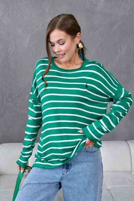 Kadın Bisiklet Yaka Çizgili Nakış Detay Oversize Triko Kazak