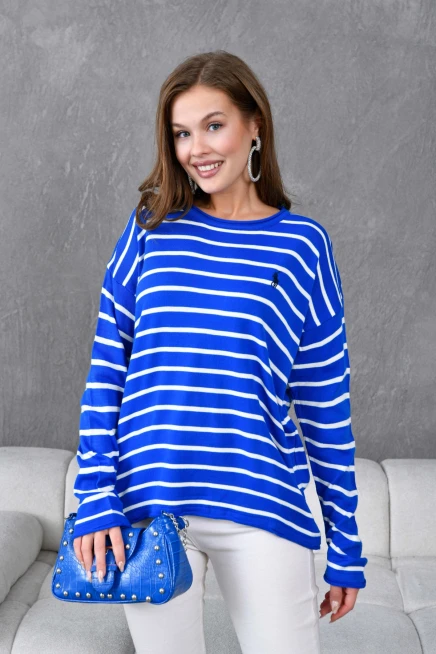 Kadın Bisiklet Yaka Çizgili Nakış Detay Oversize Triko Kazak