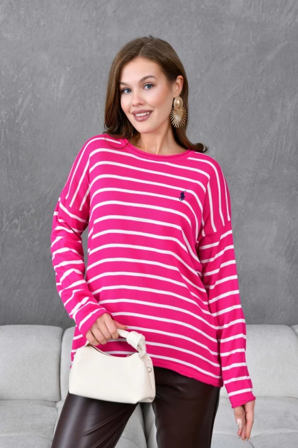 Kadın Bisiklet Yaka Çizgili Nakış Detay Oversize Triko Kazak