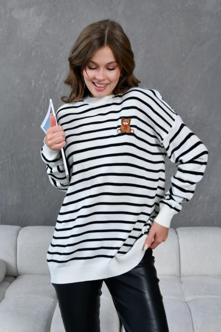 Kadın Bisiklet Yaka Çizgili Oversize Triko Kazak