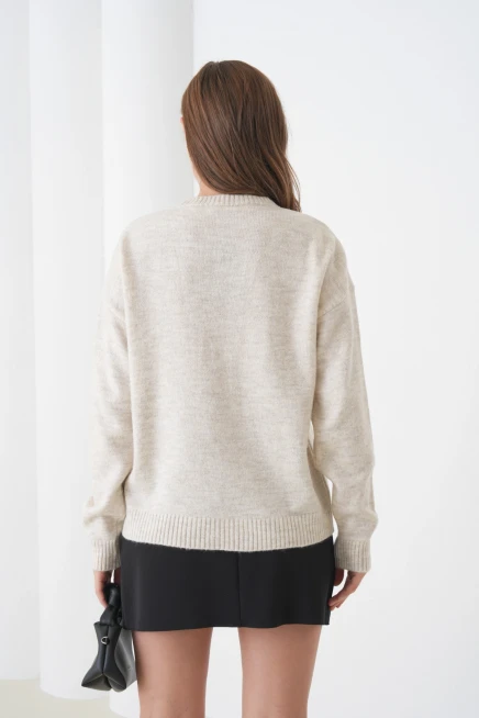 Kadın Bisiklet Yaka Desen İşlemeli Yumuşak Dokulu Triko Kazak