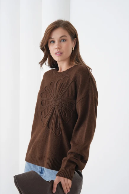 Kadın Bisiklet Yaka Desen İşlemeli Yumuşak Dokulu Triko Kazak