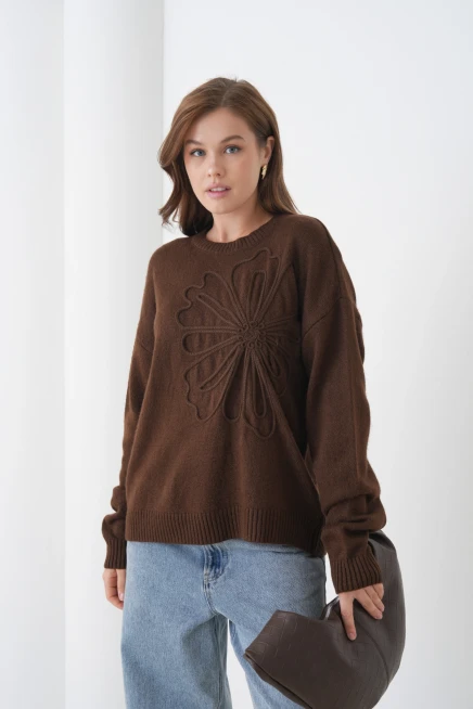 Kadın Bisiklet Yaka Desen İşlemeli Yumuşak Dokulu Triko Kazak