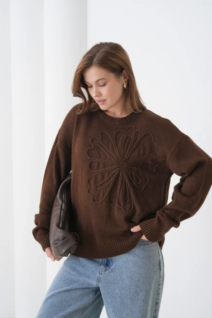 Kadın Bisiklet Yaka Desen İşlemeli Yumuşak Dokulu Triko Kazak