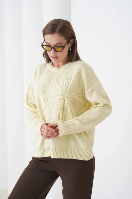 Kadın Bisiklet Yaka Desen İşlemeli Yumuşak Dokulu Triko Kazak