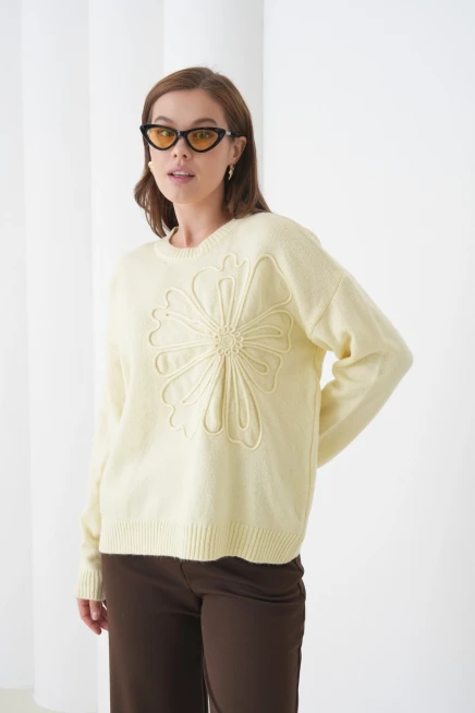 Kadın Bisiklet Yaka Desen İşlemeli Yumuşak Dokulu Triko Kazak