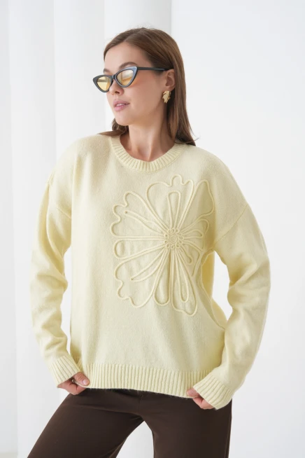 Kadın Bisiklet Yaka Desen İşlemeli Yumuşak Dokulu Triko Kazak