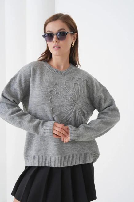 Kadın Bisiklet Yaka Desen İşlemeli Yumuşak Dokulu Triko Kazak