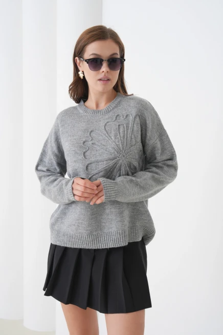 Kadın Bisiklet Yaka Desen İşlemeli Yumuşak Dokulu Triko Kazak