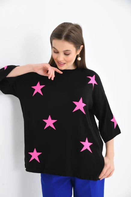 Kadın Bisiklet Yaka Desenli Oversize Yırtmaçlı Triko Kazak