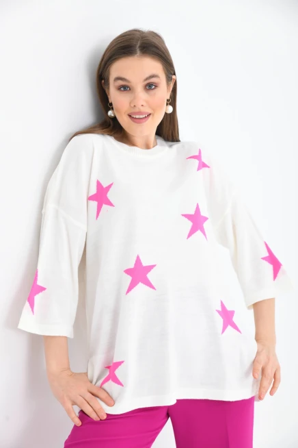 Kadın Bisiklet Yaka Desenli Oversize Yırtmaçlı Triko Kazak