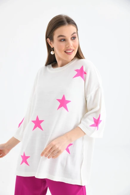 Kadın Bisiklet Yaka Desenli Oversize Yırtmaçlı Triko Kazak