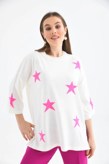 Kadın Bisiklet Yaka Desenli Oversize Yırtmaçlı Triko Kazak