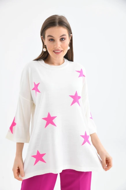 Kadın Bisiklet Yaka Desenli Oversize Yırtmaçlı Triko Kazak