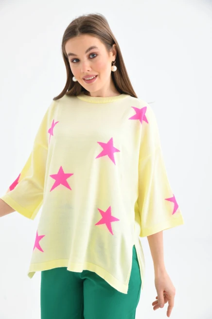 Kadın Bisiklet Yaka Desenli Oversize Yırtmaçlı Triko Kazak