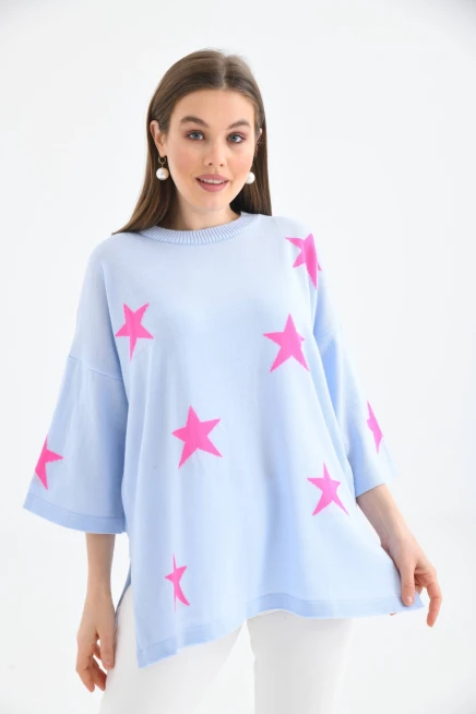 Kadın Bisiklet Yaka Desenli Oversize Yırtmaçlı Triko Kazak