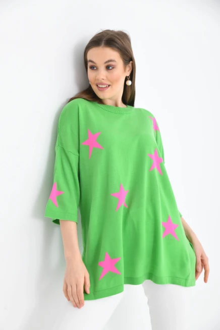 Kadın Bisiklet Yaka Desenli Oversize Yırtmaçlı Triko Kazak