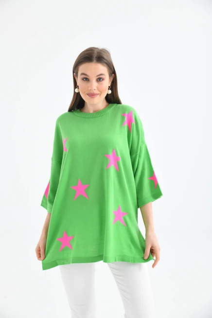 Kadın Bisiklet Yaka Desenli Oversize Yırtmaçlı Triko Kazak