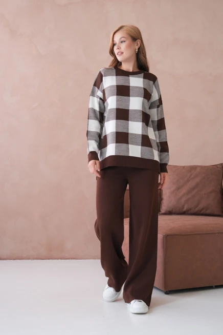 Kadın Bisiklet Yaka Desenli Yırtmaçlı Salaş Kazak Pantolon İkili Triko Takım