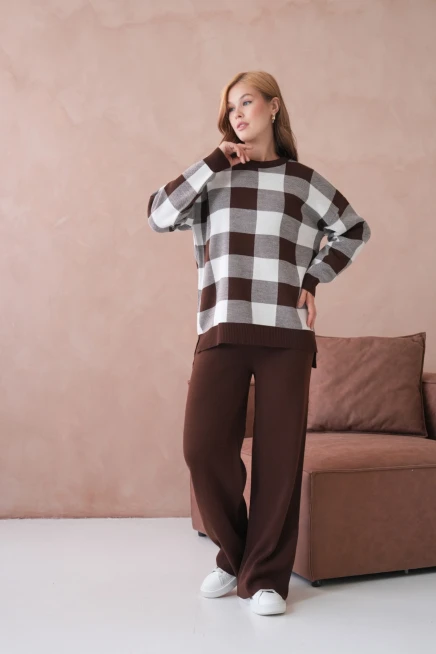 Kadın Bisiklet Yaka Desenli Yırtmaçlı Salaş Kazak Pantolon İkili Triko Takım