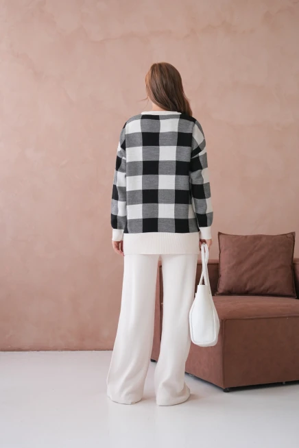 Kadın Bisiklet Yaka Desenli Yırtmaçlı Salaş Kazak Pantolon İkili Triko Takım