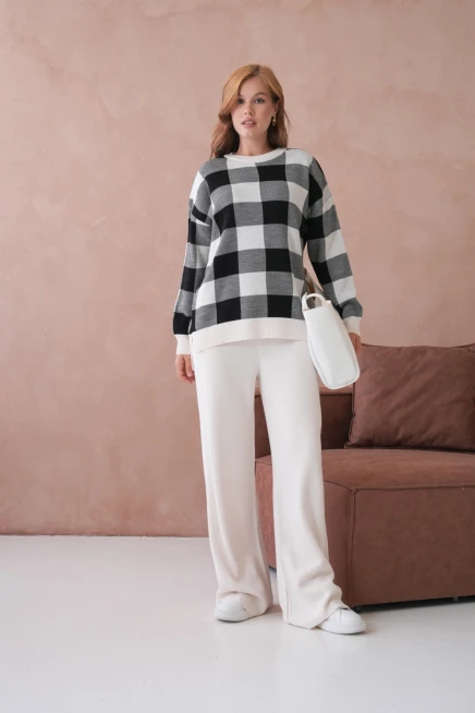 Kadın Bisiklet Yaka Desenli Yırtmaçlı Salaş Kazak Pantolon İkili Triko Takım