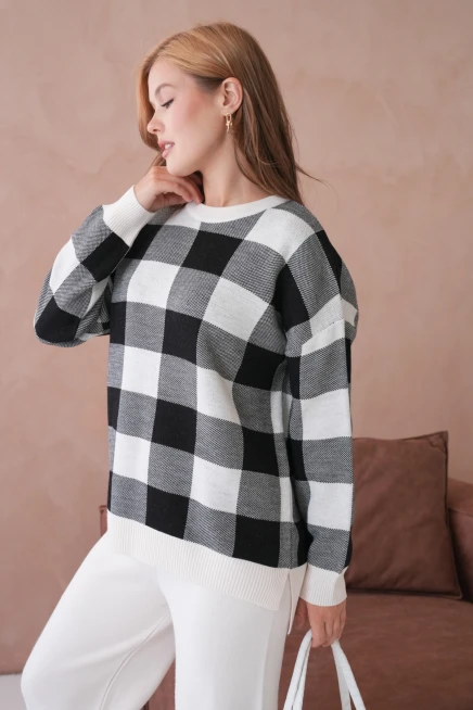 Kadın Bisiklet Yaka Desenli Yırtmaçlı Salaş Kazak Pantolon İkili Triko Takım