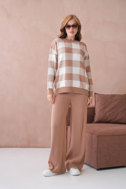 Kadın Bisiklet Yaka Desenli Yırtmaçlı Salaş Kazak Pantolon İkili Triko Takım