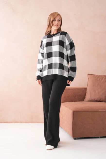 Kadın Bisiklet Yaka Desenli Yırtmaçlı Salaş Kazak Pantolon İkili Triko Takım