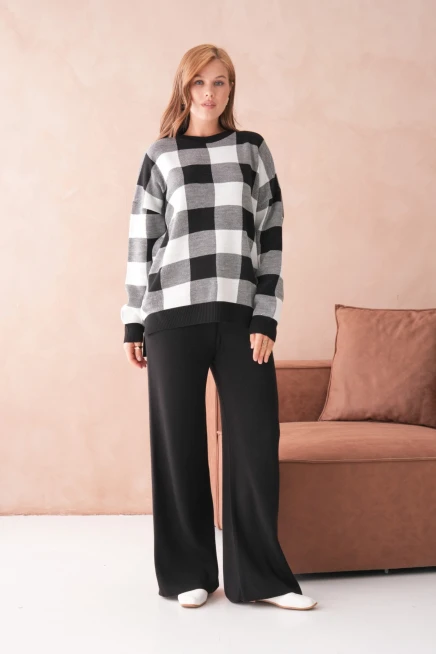 Kadın Bisiklet Yaka Desenli Yırtmaçlı Salaş Kazak Pantolon İkili Triko Takım