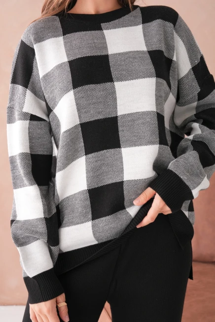 Kadın Bisiklet Yaka Desenli Yırtmaçlı Salaş Kazak Pantolon İkili Triko Takım