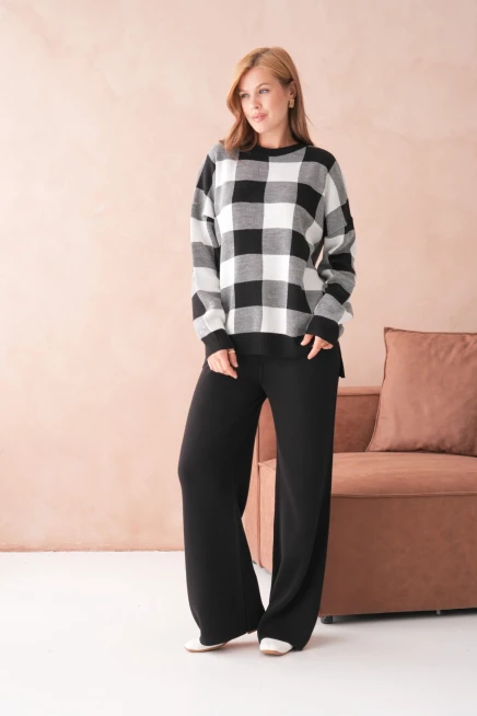 Kadın Bisiklet Yaka Desenli Yırtmaçlı Salaş Kazak Pantolon İkili Triko Takım