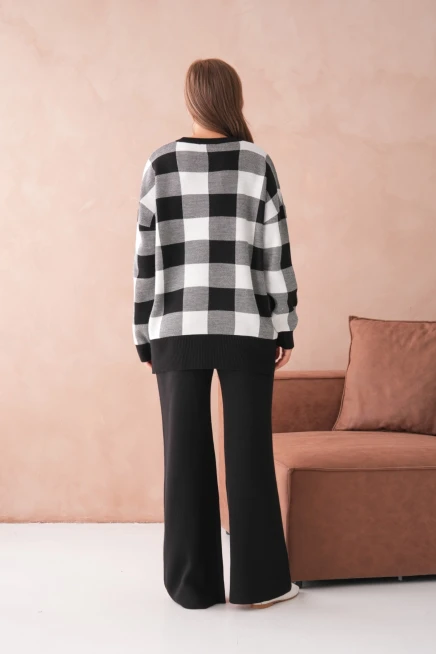 Kadın Bisiklet Yaka Desenli Yırtmaçlı Salaş Kazak Pantolon İkili Triko Takım