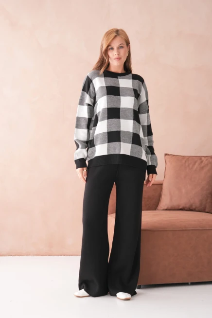 Kadın Bisiklet Yaka Desenli Yırtmaçlı Salaş Kazak Pantolon İkili Triko Takım