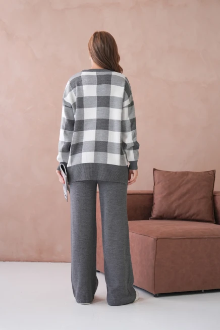 Kadın Bisiklet Yaka Desenli Yırtmaçlı Salaş Kazak Pantolon İkili Triko Takım